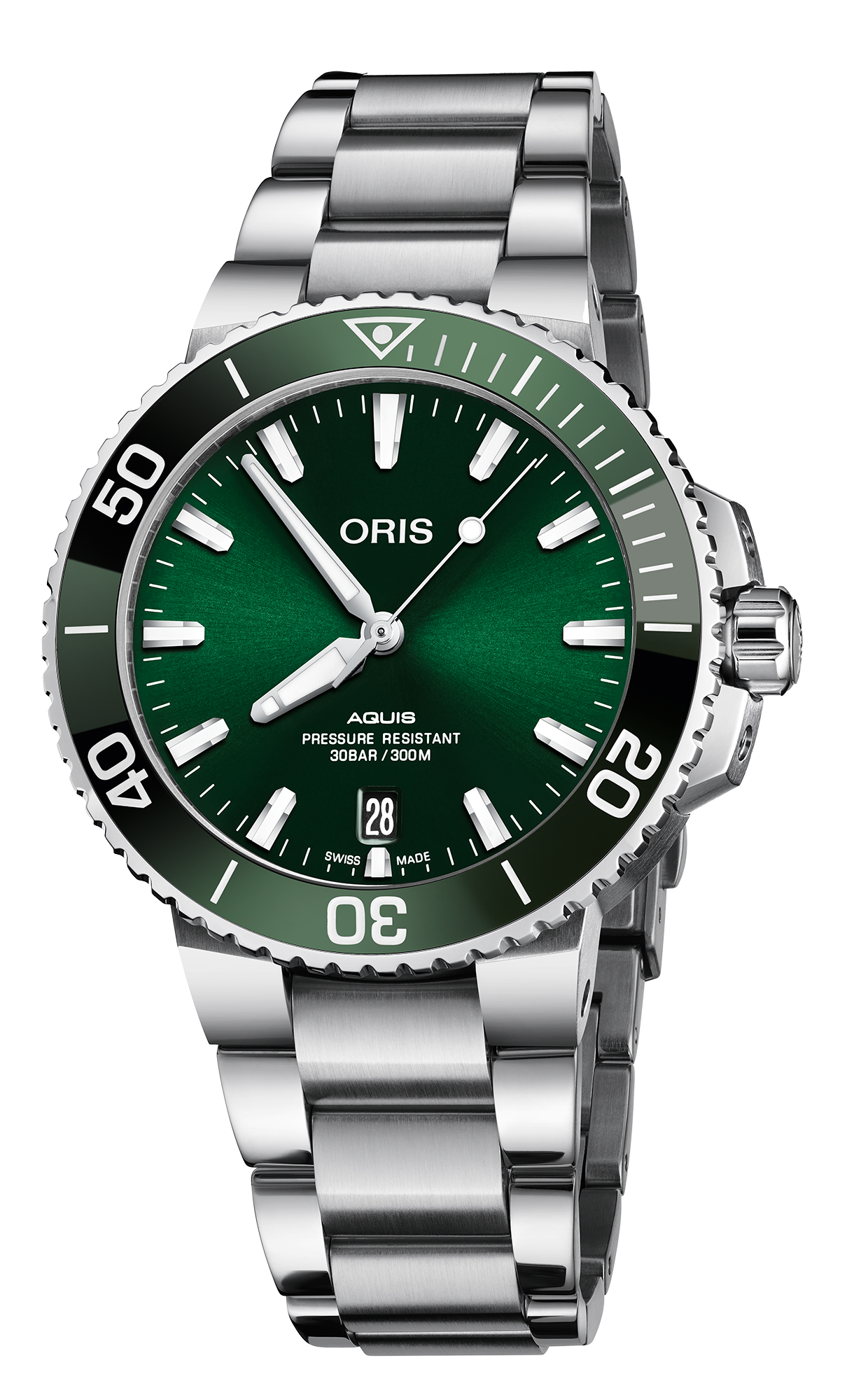 Aquis Date, 39.50 mm, Green, Stainless steel Strap, , Multi-piece stainless steel case, ceramic minutes scale top ring
