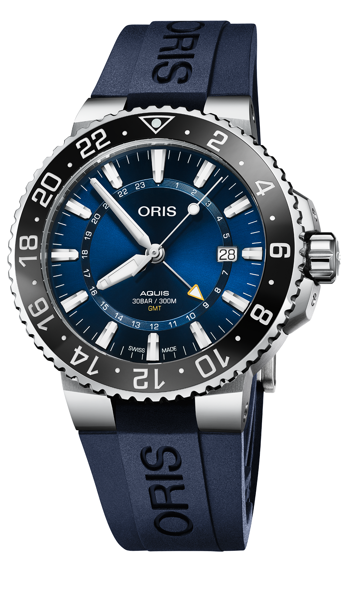 Aquis GMT Date, 43.50 mm, Blue, Rubber Strap, Stainless steel screw-in security crown, Multi-piece stainless steel case, ceramic GMT scale top ring