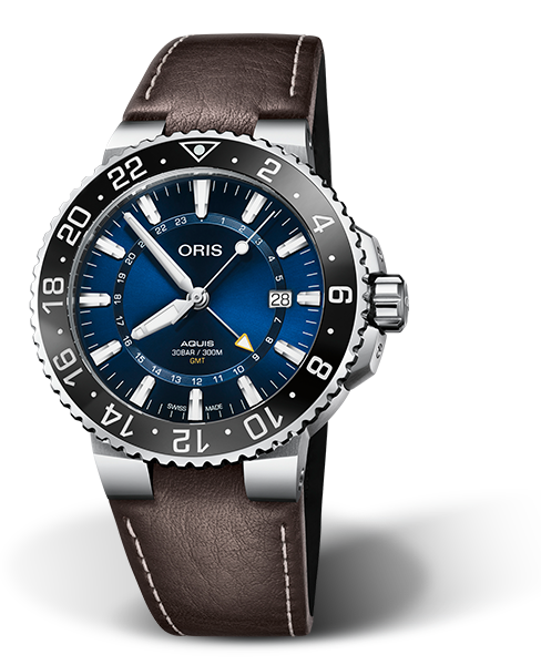 Aquis GMT Date, 43.50 mm, Blue, Leather Strap, Stainless steel screw-in security crown, Multi-piece stainless steel case, ceramic GMT scale top ring