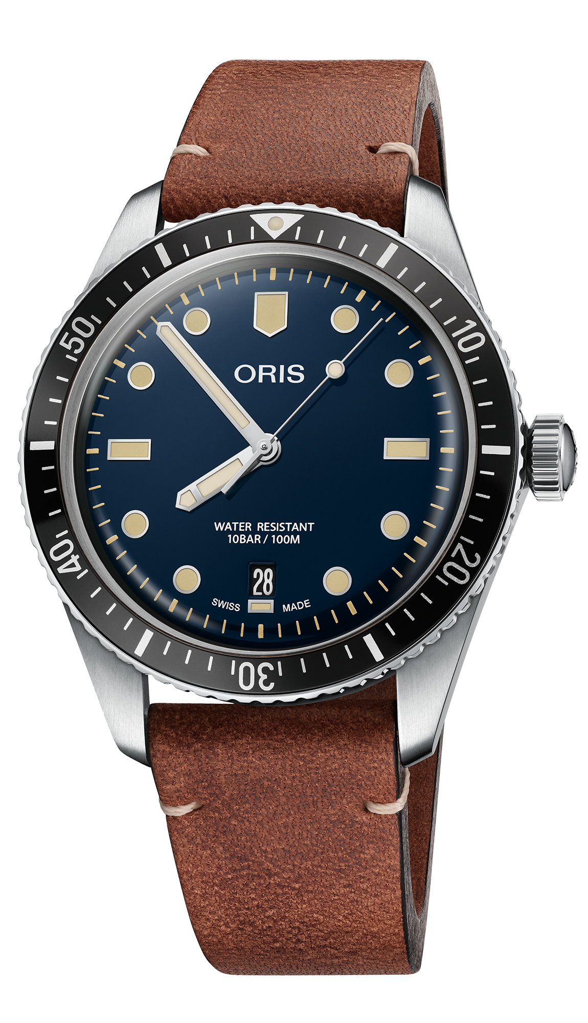 Divers Sixty-Five Date, 40.00 mm, Blue, Leather Strap, Stainless steel screw-in security crown, Multi-piece stainless steel case, minutes scale top ring
