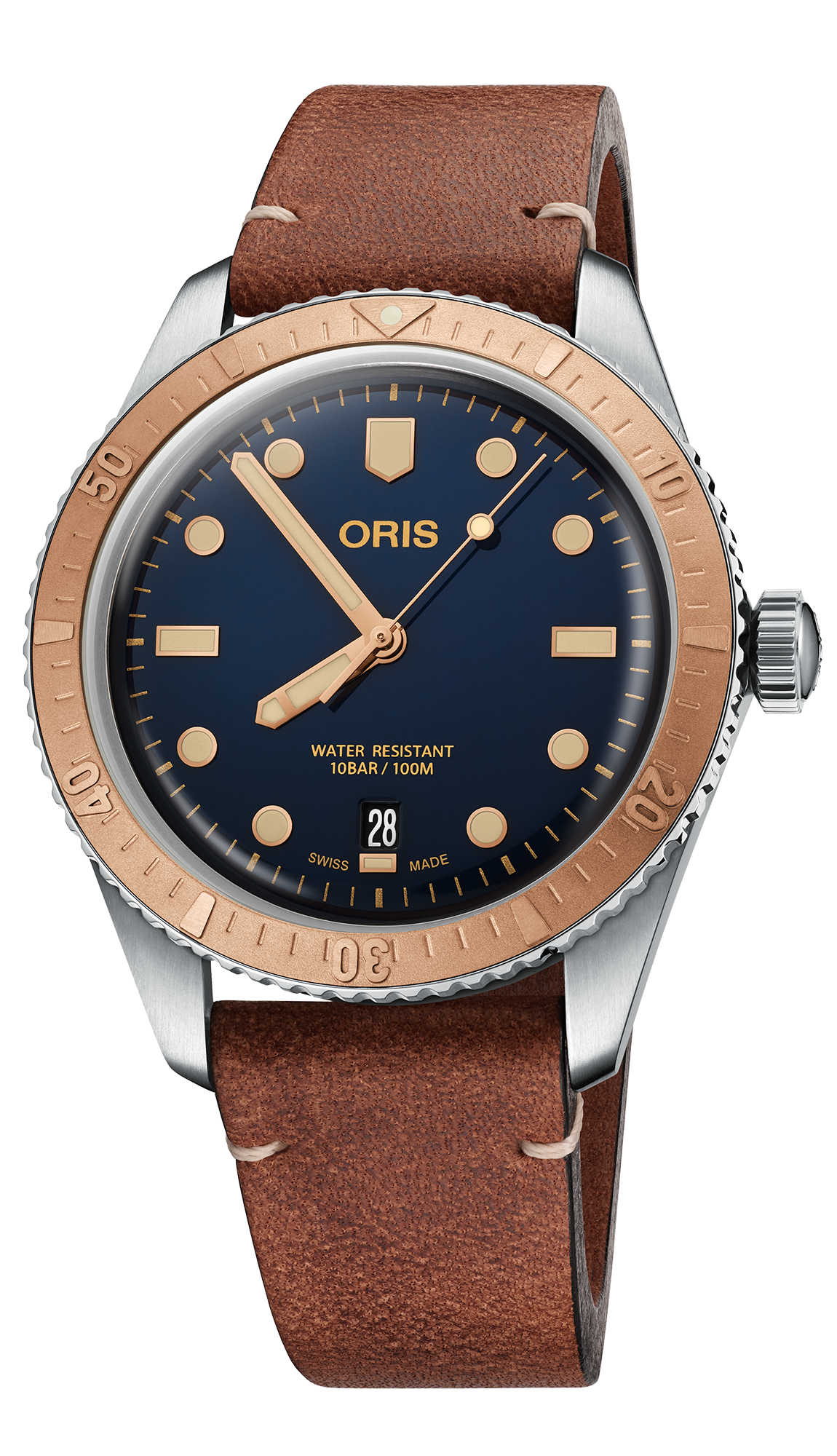 Divers Sixty-Five, 40.00 mm, Blue, Leather Strap, Stainless steel screw-in security crown, Multi-piece stainless steel/bronze case, minutes scale top ring