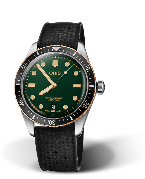 Divers Sixty-Five, 40.00 mm, Green, Rubber Strap, Stainless steel screw-in security crown, Multi-piece stainless steel/bronze case, minutes scale top ring