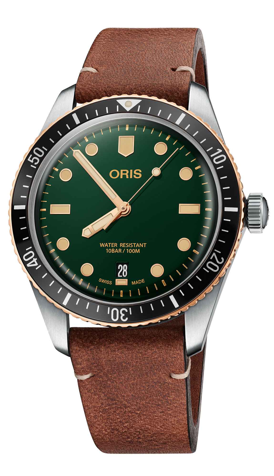 Divers Sixty-Five, 40.00 mm, Green, Leather Strap, Stainless steel screw-in security crown, Multi-piece stainless steel/bronze case, minutes scale top ring