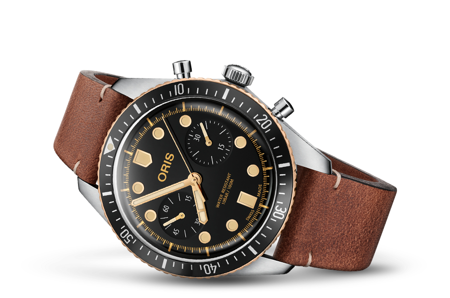 Divers Sixty-Five Chronograph, Black, Leather Strap