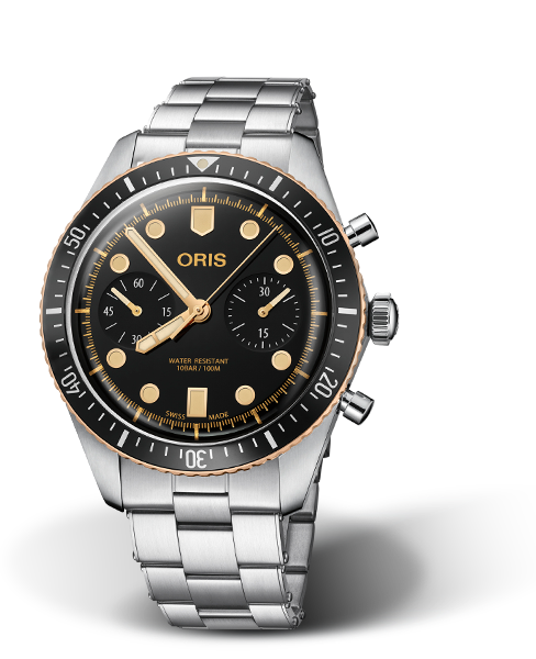 Divers Sixty-Five Chronograph, 43.00 mm, Black, Stainless steel Strap, Stainless steel screw-in security crown and pushers, Multi-piece stainless steel/bronze case, minutes scale top ring