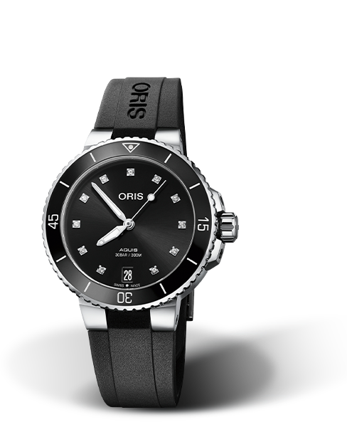 Aquis Date Diamonds, 36.50 mm, Black, Rubber Strap, Stainless steel screw-in security crown, Multi-piece stainless steel case, ceramic minutes scale top ring