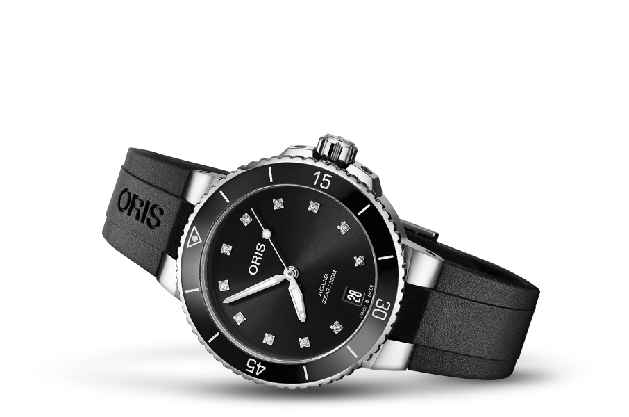 Aquis Date Diamonds, Black, Rubber Strap