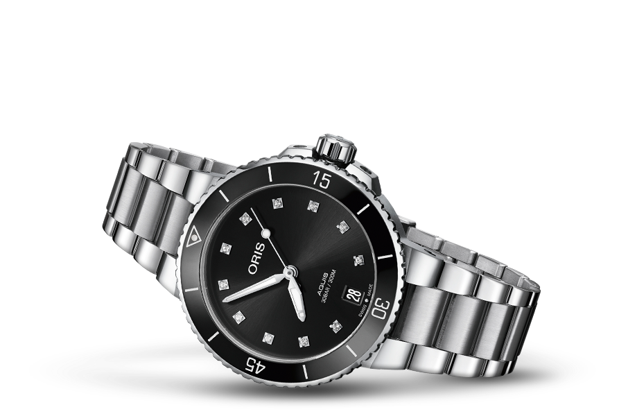 Aquis Date Diamonds, Black, Stainless steel Strap