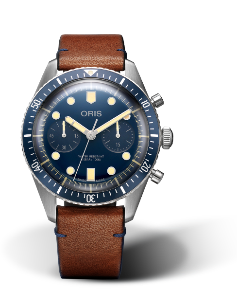 Divers Sixty-Five Chronograph Bucherer Blue Editions, 43.00 mm, Blue, Leather Strap, Stainless steel screw-in security crown and pushers, Multi-piece stainless steel case, minutes scale top ring