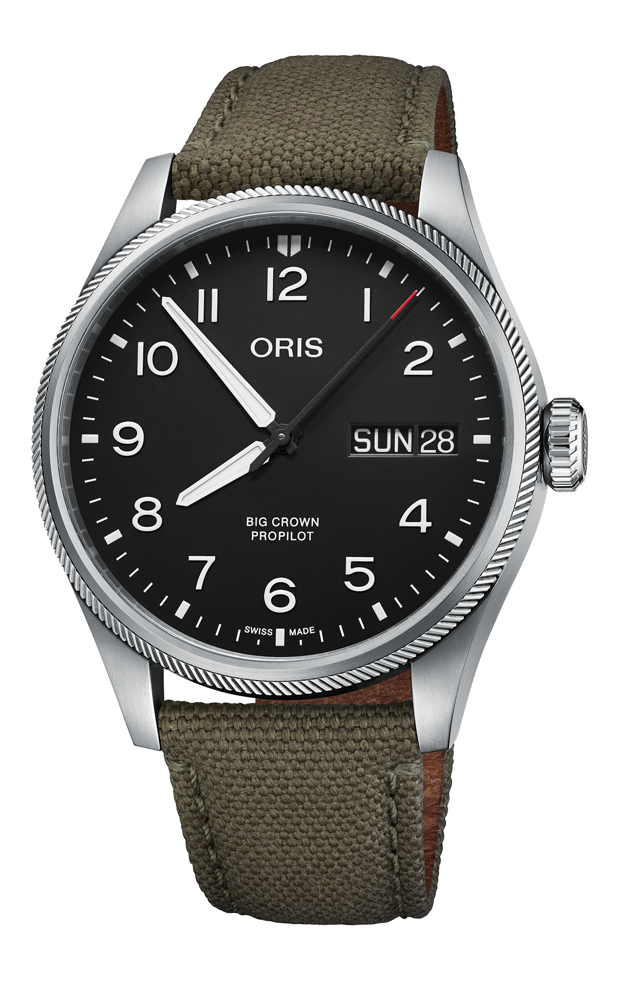 Big Crown ProPilot Big Day Date, 44mm, Black, Textile Strap, Stainless steel screw-in security crown, Multi-piece stainless steel case