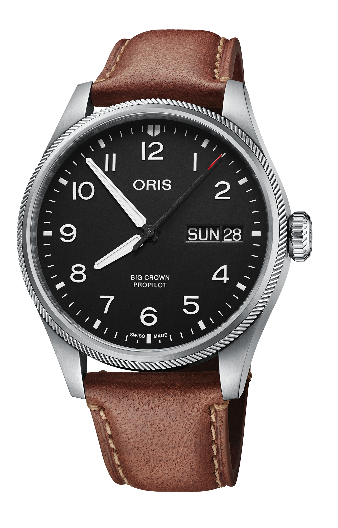 Big Crown ProPilot Big Day Date, 44mm, Black, Leather Strap, Stainless steel screw-in security crown, Multi-piece stainless steel case