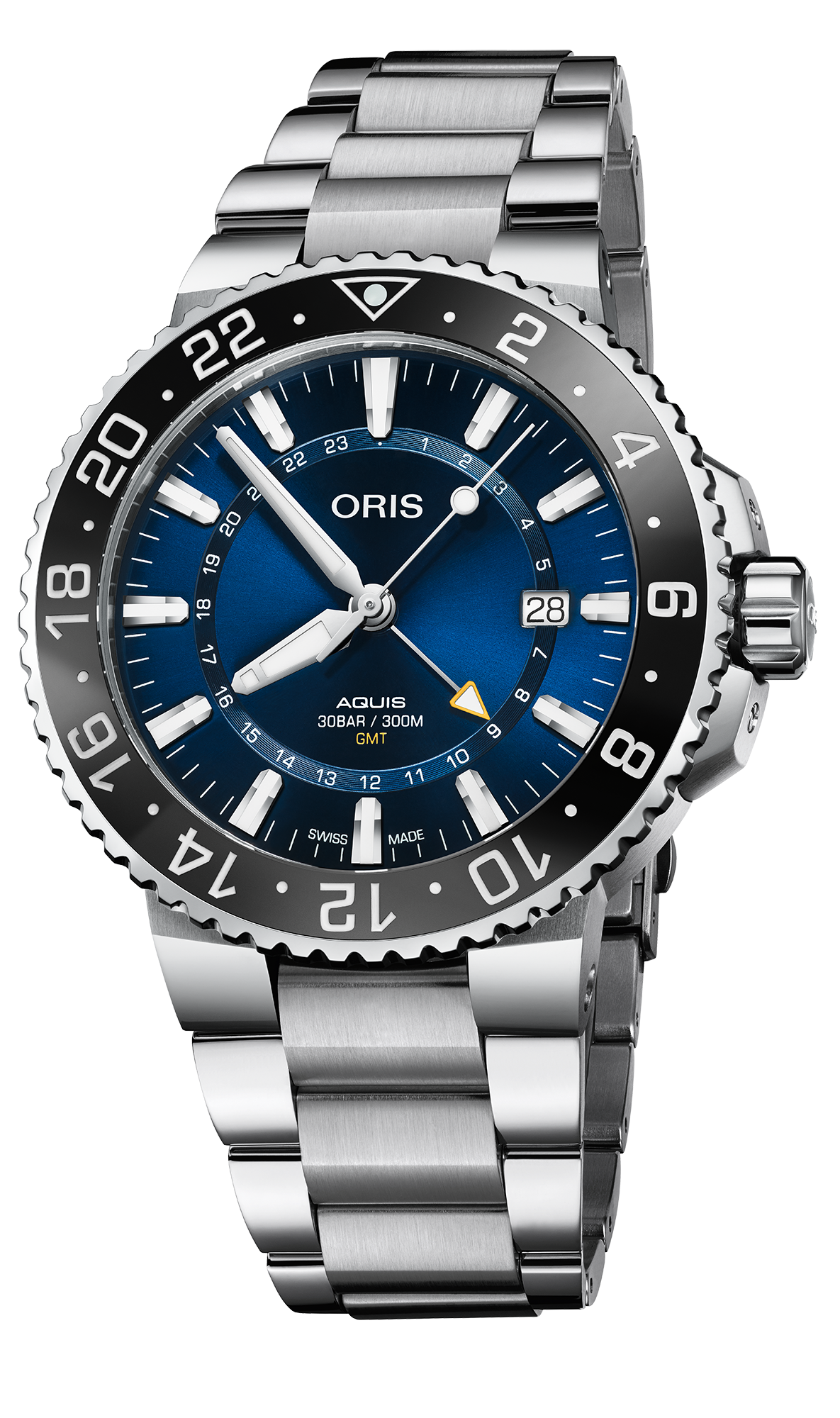 Aquis GMT Date, 43.50 mm, Blue, Stainless steel Strap, Stainless steel screw-in security crown, Multi-piece stainless steel case, ceramic GMT scale top ring