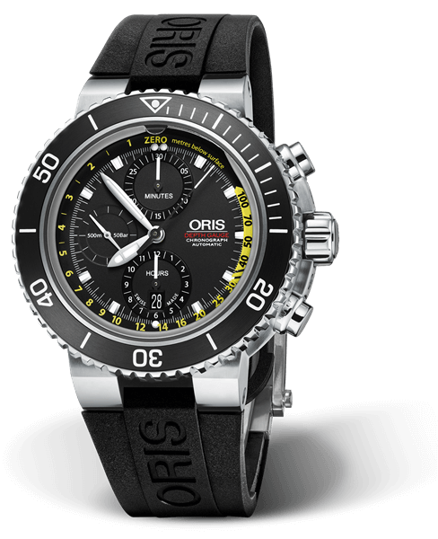 Aquis Depth Gauge Chronograph, 48.00 mm, Black, Rubber Strap, Stainless steel screw-in security crown and pushers, Multi-piece stainless steel case, ceramic minutes scale top ring
