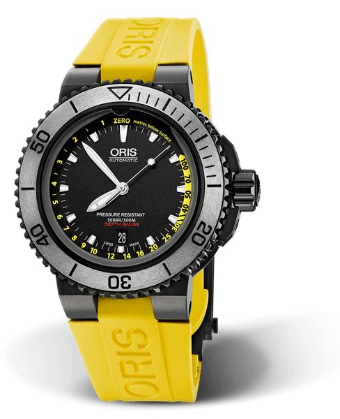 Aquis Depth Gauge, 46.00 mm, Black, Rubber Strap, Stainless steel crown, black PVD plated, Multi-piece stainless steel case, black DLC plated, Tungsten minute scale top ring