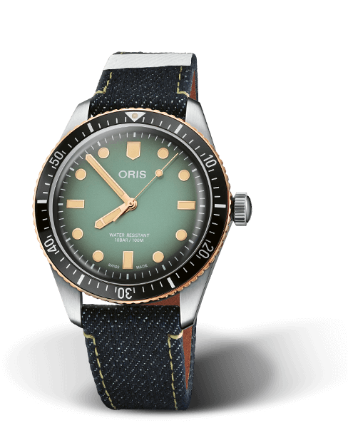 Oris x Momotaro, 40.00 mm, Green, Textile Strap, Stainless steel screw-in security crown, Multi-piece stainless steel/bronze case, minutes scale top ring