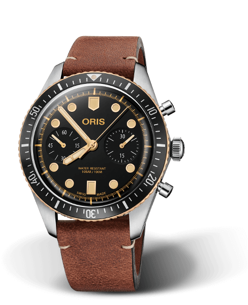 Divers Sixty-Five Chronograph, 43.00 mm, Black, Leather Strap, Stainless steel screw-in security crown and pushers, Multi-piece stainless steel/bronze case, minutes scale top ring