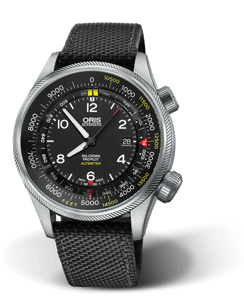 Big Crown ProPilot Altimeter with Feet Scale, 47mm, Black, Textile Strap, Stainless steel screw-in security crown, Multi-piece stainless steel case