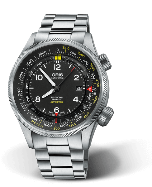 Big Crown ProPilot Altimeter with Meter Scale, 47mm, Black, Stainless steel Strap, Stainless steel screw-in security crown, Multi-piece stainless steel case