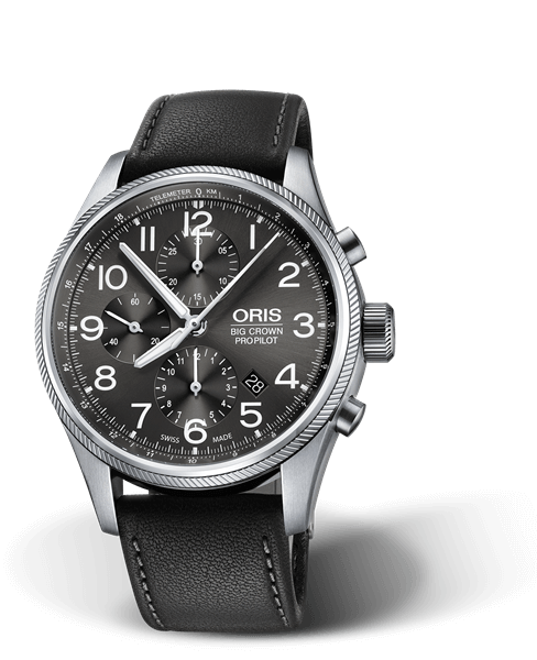 Big Crown ProPilot Chronograph, 44mm, Grey, Leather Strap, Stainless steel screw-in security crown and pushers, Multi-piece stainless steel case