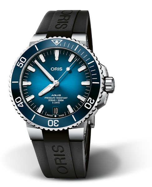 Aquis Date Calibre 400, 43.50 mm, Blue, Rubber Strap, Stainless steel screw-in security crown, Multi-piece stainless steel case, ceramic minutes scale top ring
