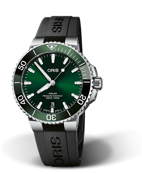 Aquis Date, 41.50 mm, Green, Rubber Strap, Stainless steel screw-in security crown, Multi-piece stainless steel case, ceramic minutes scale top ring