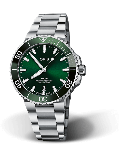 Aquis Date, 41.50 mm, Green, Stainless steel Strap, Stainless steel screw-in security crown, Multi-piece stainless steel case, ceramic minutes scale top ring