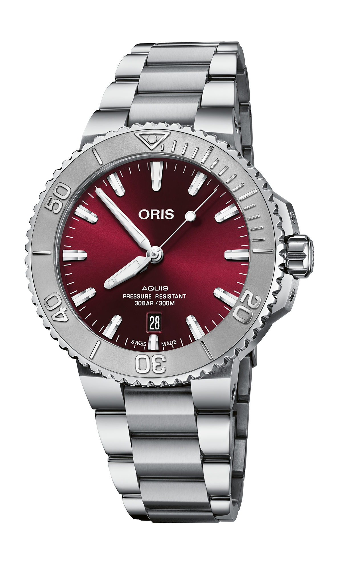 Aquis Date Relief, 41.50 mm, Red, Stainless steel Strap, Stainless steel screw-in security crown, Multi-piece stainless steel case, minutes scale top ring