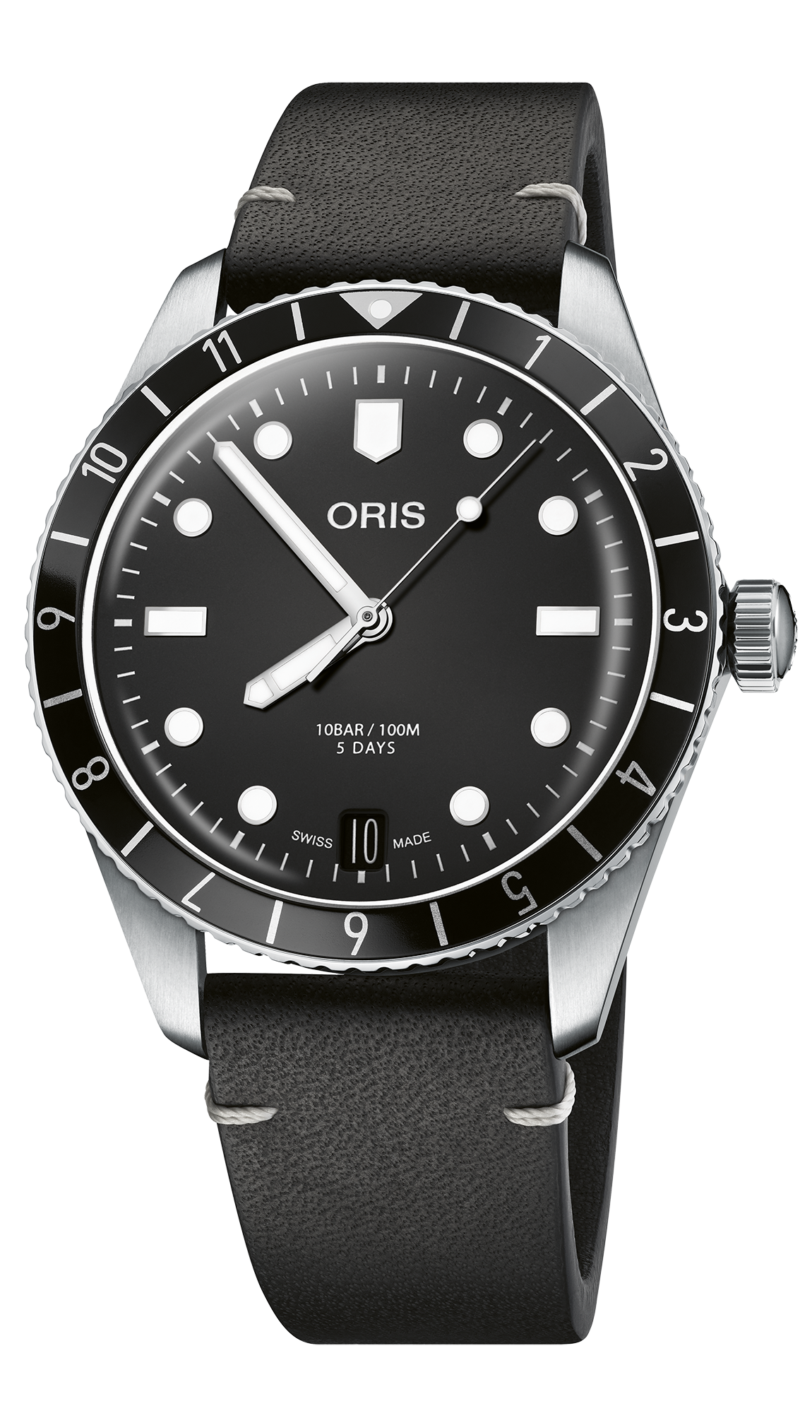Divers Sixty-Five 12H Calibre 400, 40.00 mm, Black, Leather Strap, Stainless steel screw-in security crown, Multi-piece stainless steel case, hours scale top ring