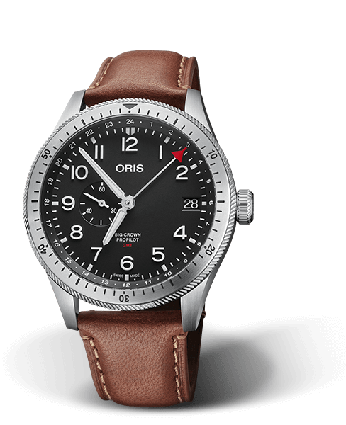 Big Crown ProPilot Timer GMT, 44mm, Black, Leather Strap, Stainless steel screw-in security crown, Multi-piece stainless steel case, minutes scale top ring