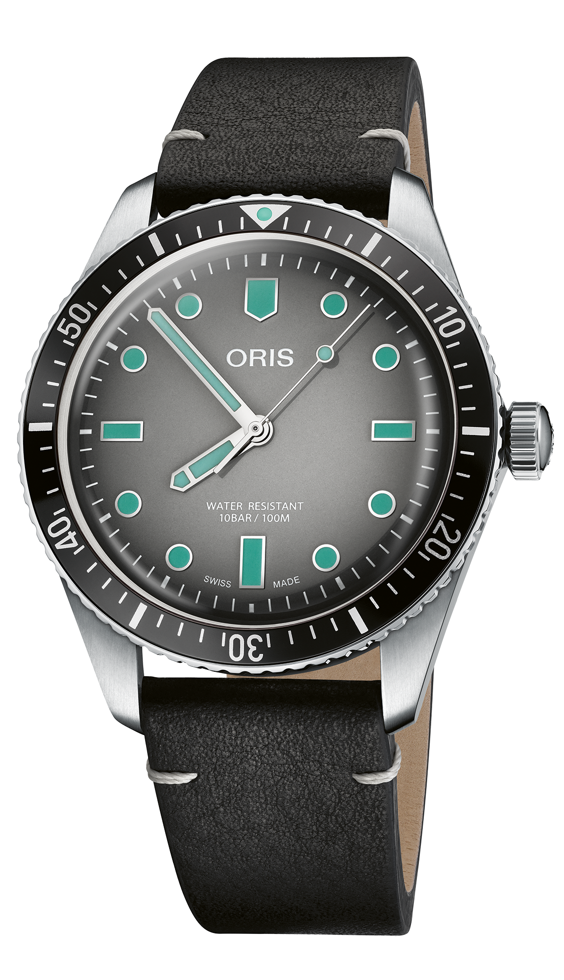 Divers Sixty-Five, 40.00 mm, Grey, Leather Strap, Stainless steel screw-in security crown, Multi-piece stainless steel case, minutes scale top ring