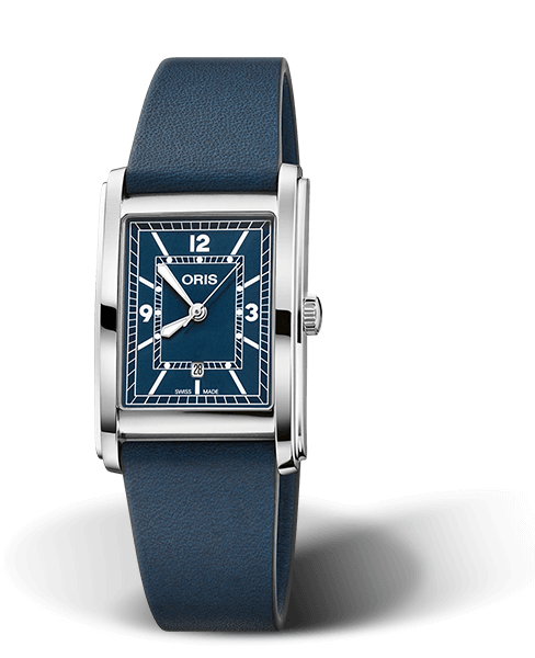 Rectangular, 25.50 x 38.00 mm, Blue, Leather Strap, Stainless steel crown, Multi-piece stainless steel case