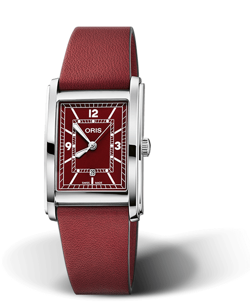 Rectangular, 25.50 x 38.00 mm, Red, Leather Strap, Stainless steel crown, Multi-piece stainless steel case