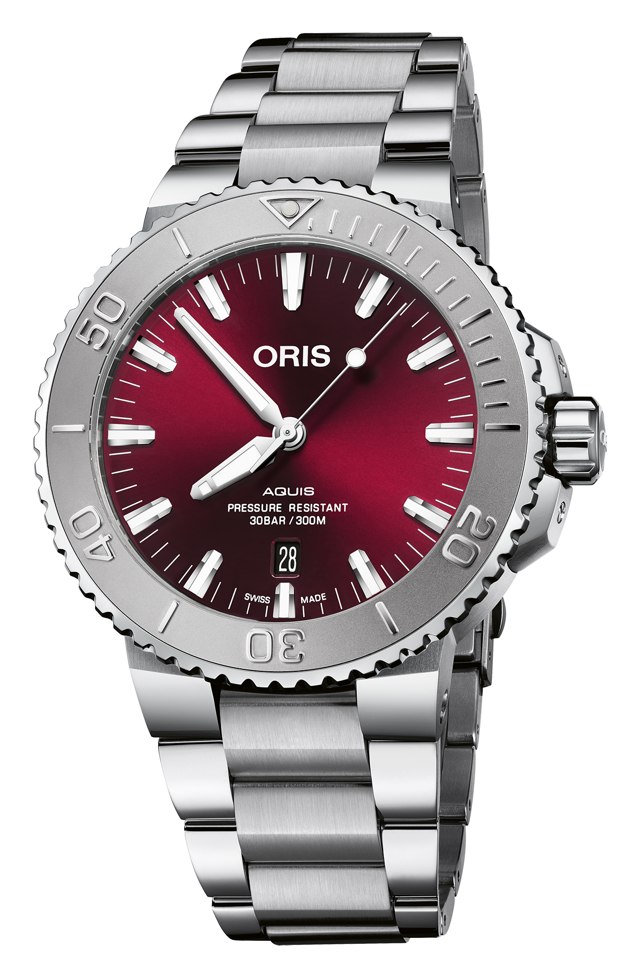 Aquis Date Relief, 43.50 mm, Red, Stainless steel Strap, Stainless steel screw-in security crown, Multi-piece stainless steel case, minutes scale top ring