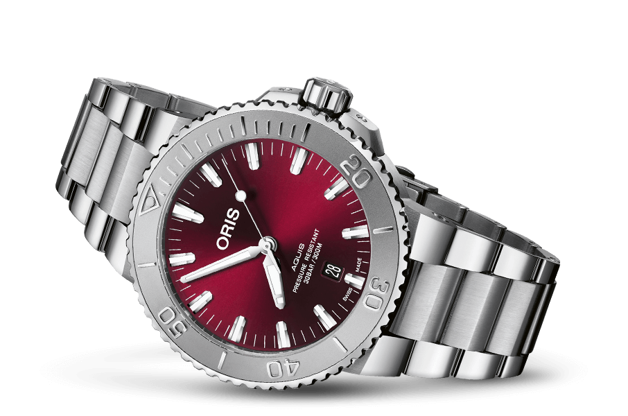 Aquis Date Relief, Red, Stainless steel Strap