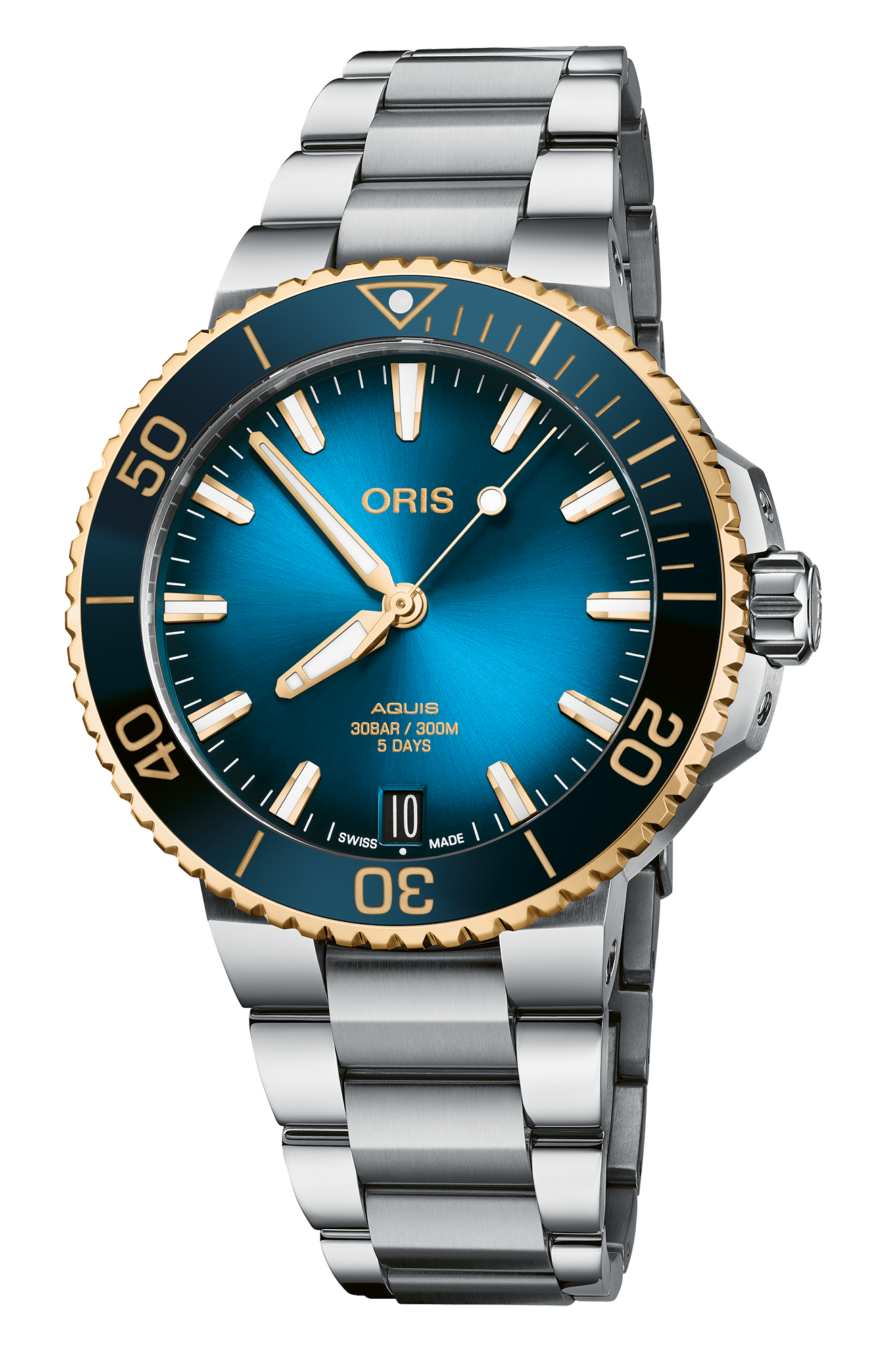 Aquis Date Calibre 400, 41.50 mm, Blue, Stainless steel Strap, Stainless steel screw-in security crown, Multi-piece stainless steel case, 18K yellow gold turning top ring, ceramic minutes scale top ring