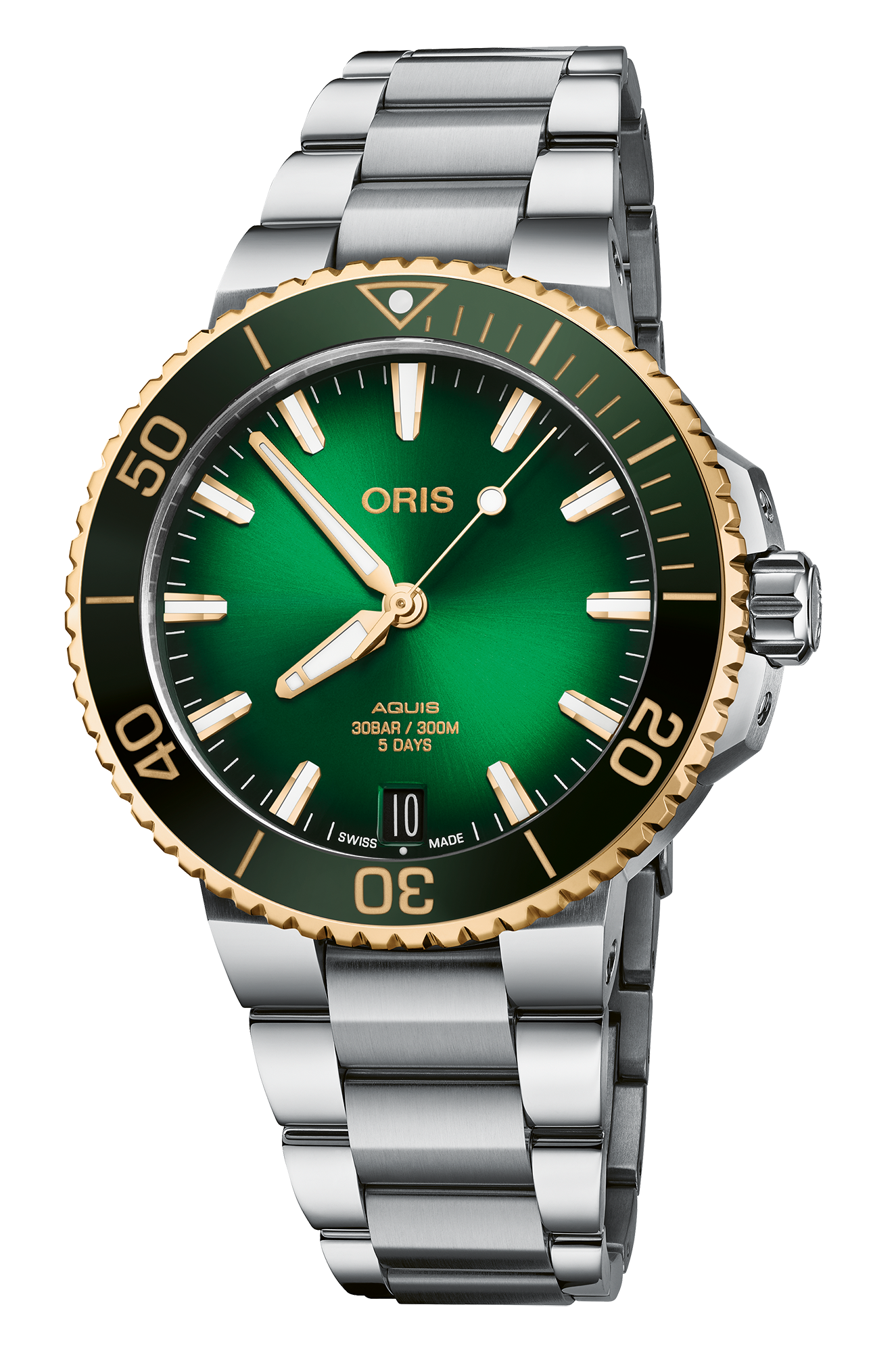 Aquis Date Calibre 400, 41.50 mm, Green, Stainless steel Strap, Stainless steel screw-in security crown, Multi-piece stainless steel case, 18K yellow gold turning top ring, ceramic minutes scale top ring