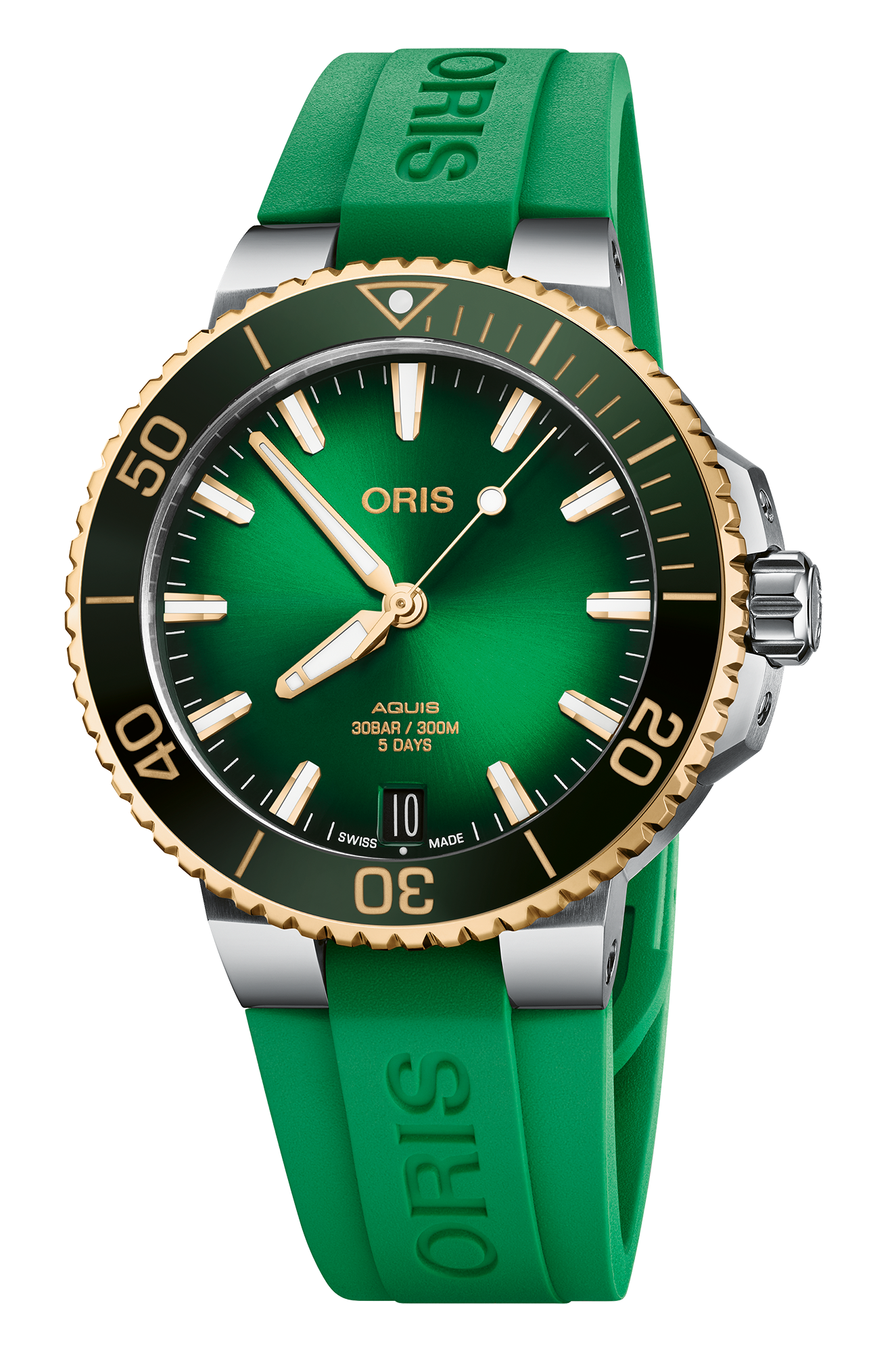Aquis Date Calibre 400, 41.50 mm, Green, Rubber Strap, Stainless steel screw-in security crown, Multi-piece stainless steel case, 18K yellow gold turning top ring, ceramic minutes scale top ring