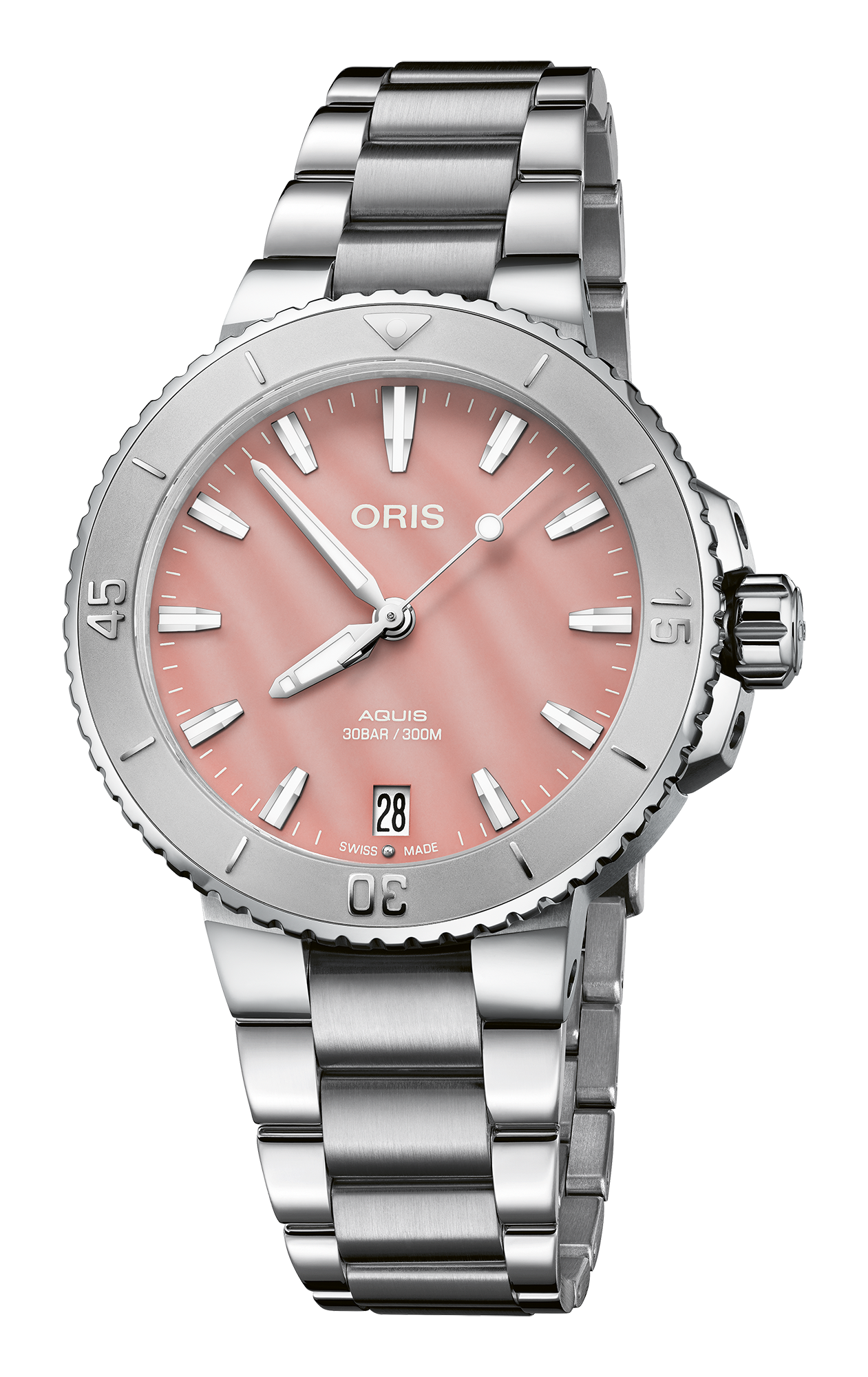 Aquis Date, 36.50 mm, Red, Stainless steel Strap, Stainless steel screw-in security crown, Multi-piece stainless steel case, minutes scale top ring