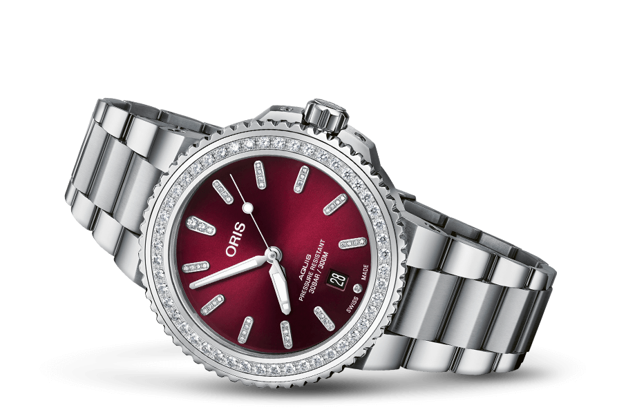 Aquis Date Diamonds, Red, Stainless steel Strap