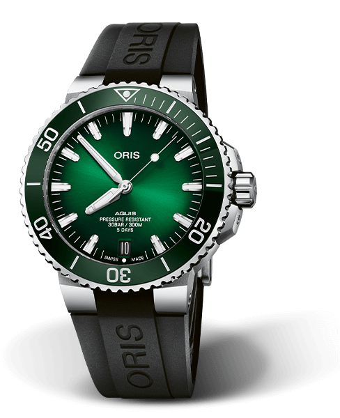 Aquis Date Calibre 400, 43.50 mm, Green, Rubber Strap, Stainless steel screw-in security crown, Multi-piece stainless steel case, ceramic minutes scale top ring