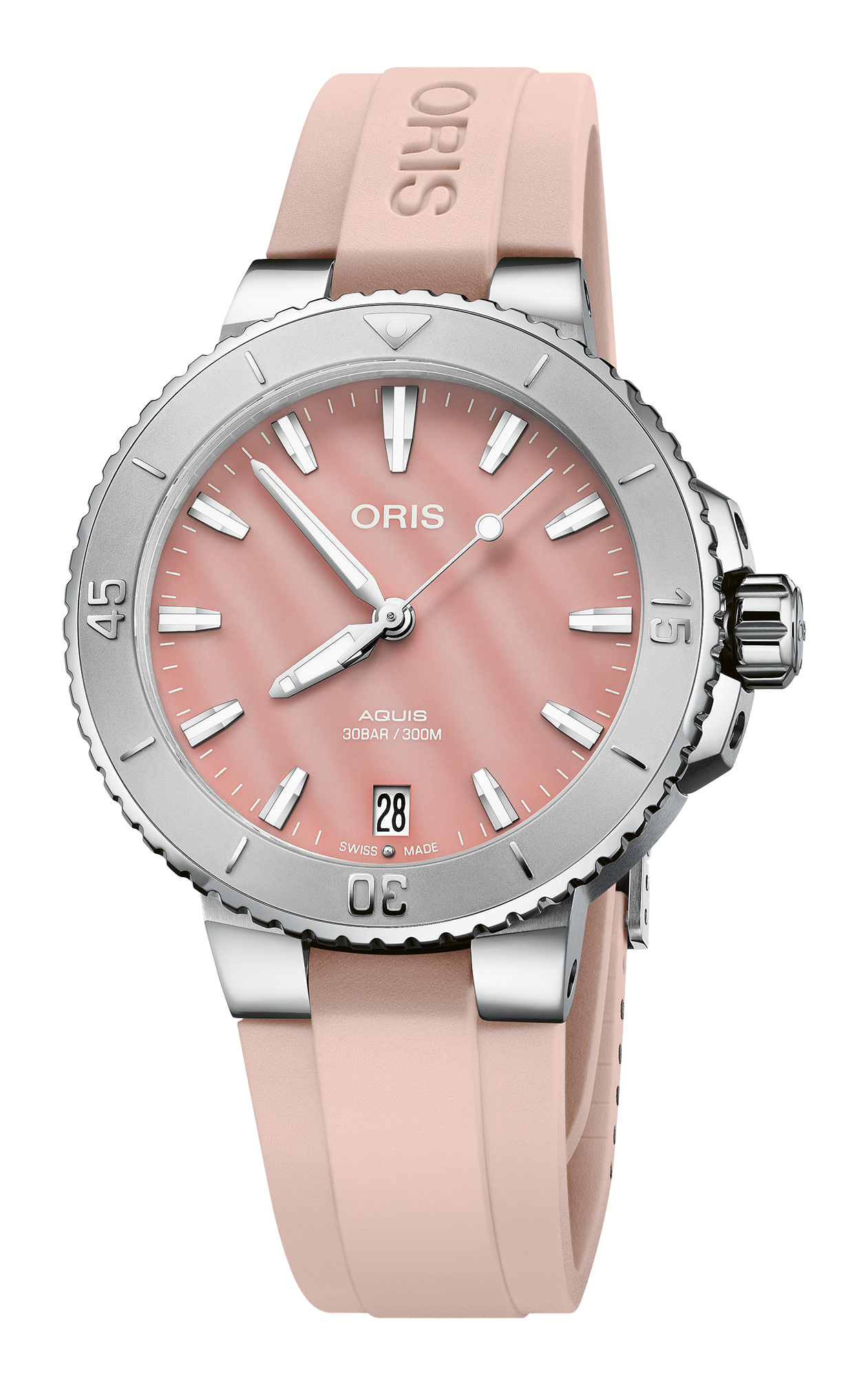 Aquis Date, 36.50 mm, Red, Rubber Strap, Stainless steel screw-in security crown, Multi-piece stainless steel case, minutes scale top ring