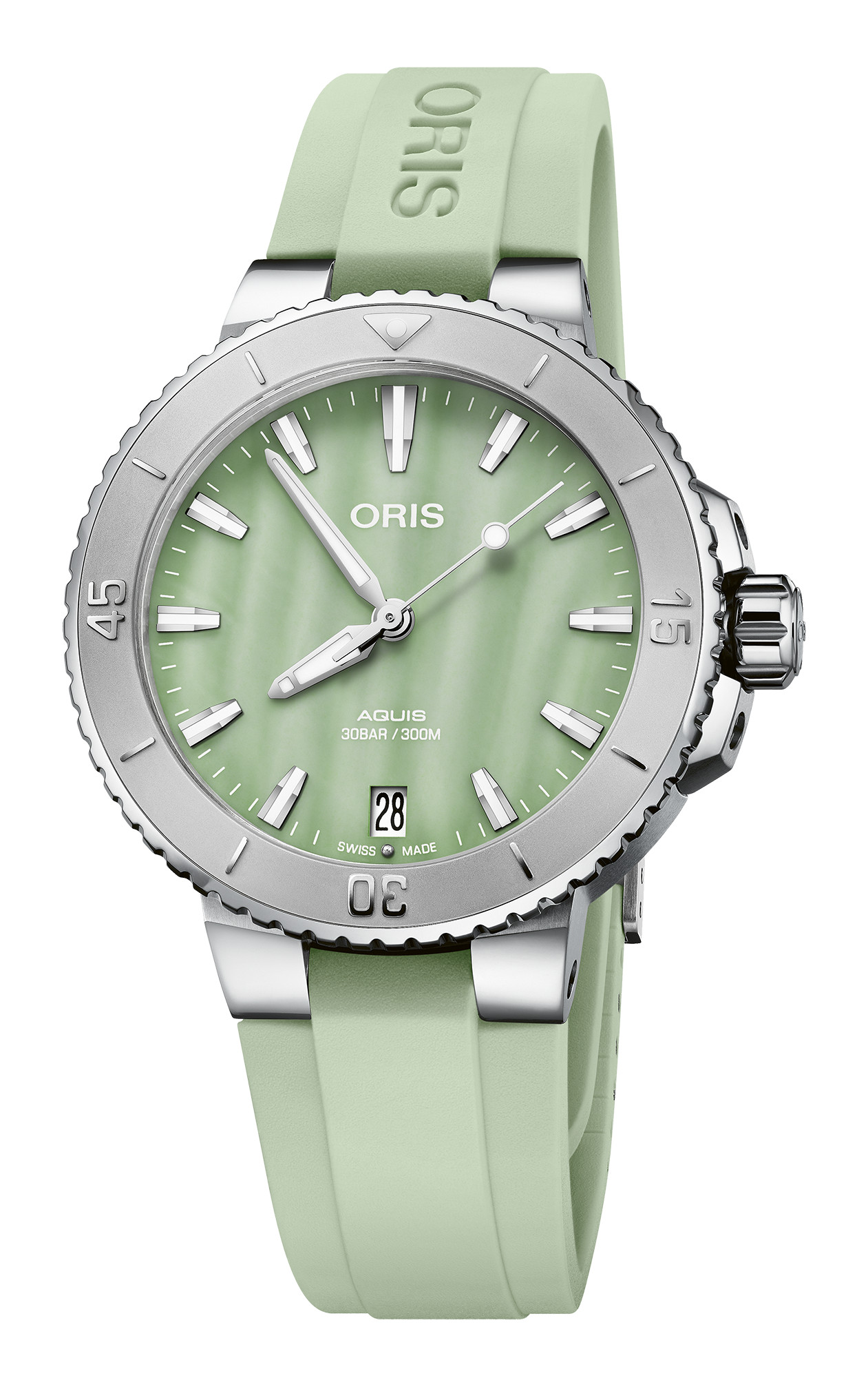 Aquis Date, 36.50 mm, Green, Rubber Strap, Stainless steel screw-in security crown, Multi-piece stainless steel case, minutes scale top ring