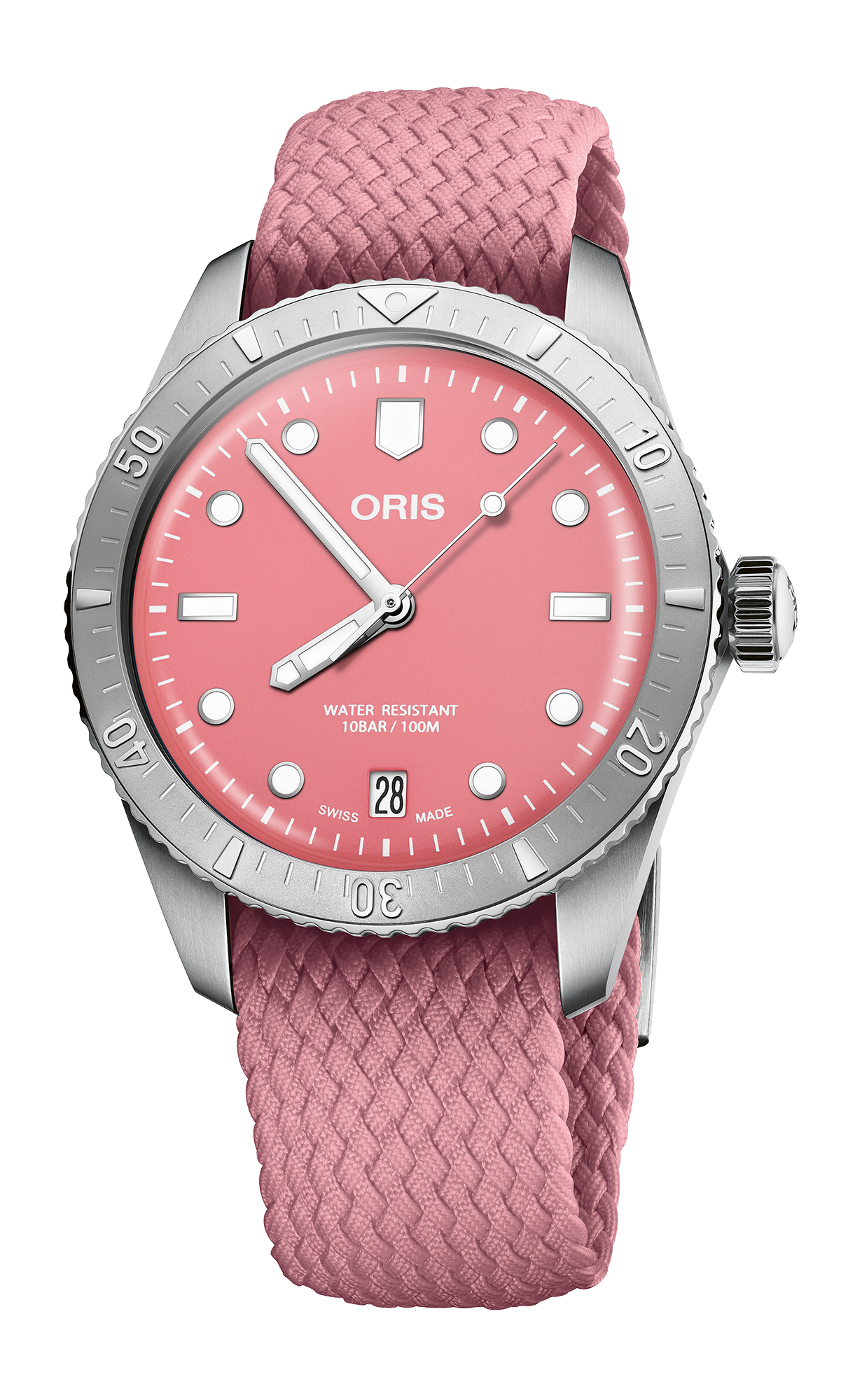Divers Sixty-Five 'Cotton Candy', 38.00 mm, Red, Textile Strap, Stainless steel screw-in security crown, Multi-piece stainless steel case, minutes scale top ring