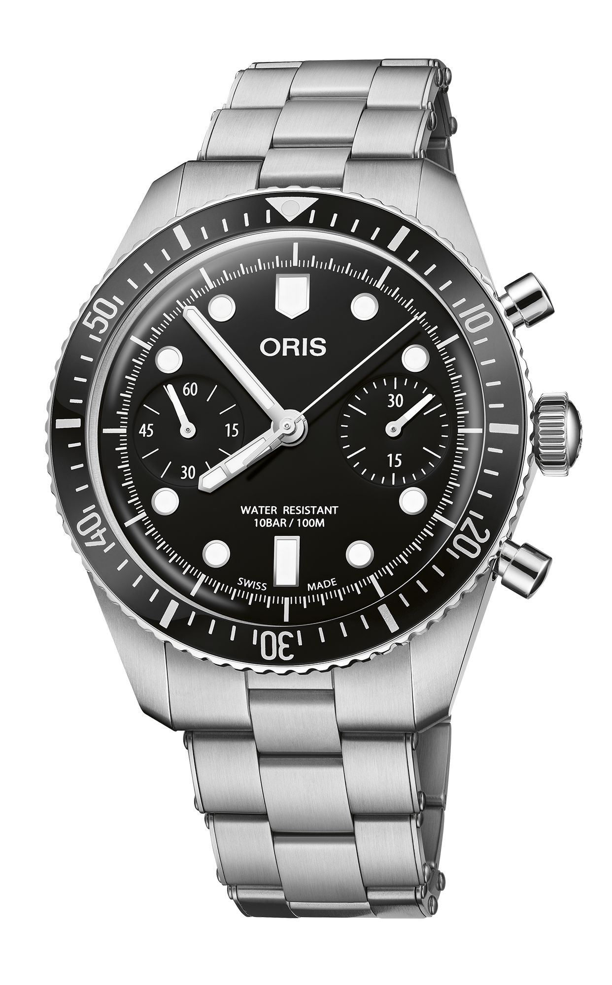 Divers Sixty-Five Chronograph, 40.00 mm, Black, Stainless steel Strap, Stainless steel screw-in security crown and pushers, Multi-piece stainless steel case, minutes scale top ring