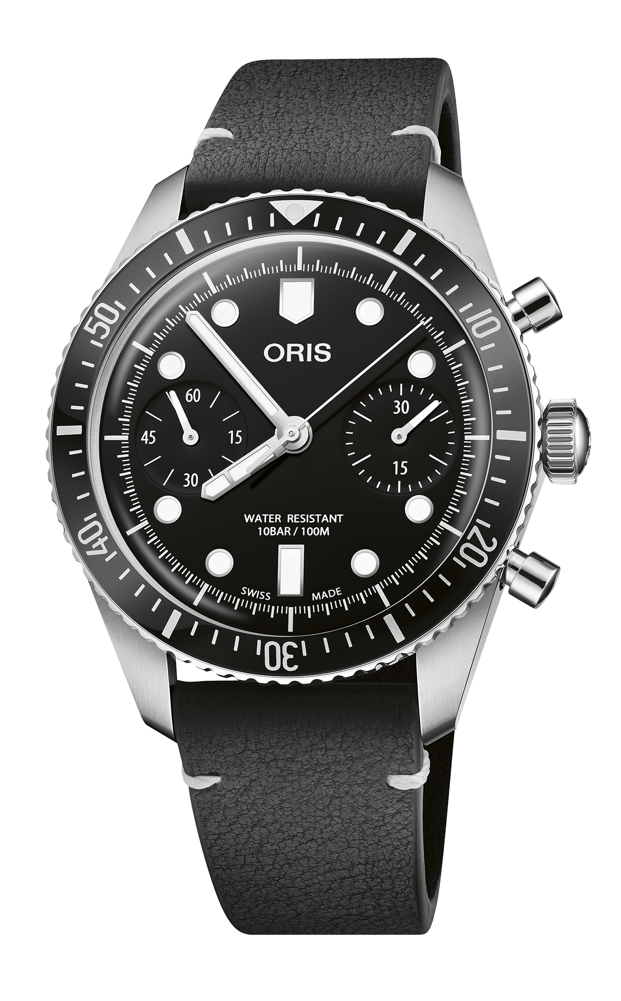 Divers Sixty-Five Chronograph, 40.00 mm, Black, Leather Strap, Stainless steel screw-in security crown and pushers, Multi-piece stainless steel case, minutes scale top ring