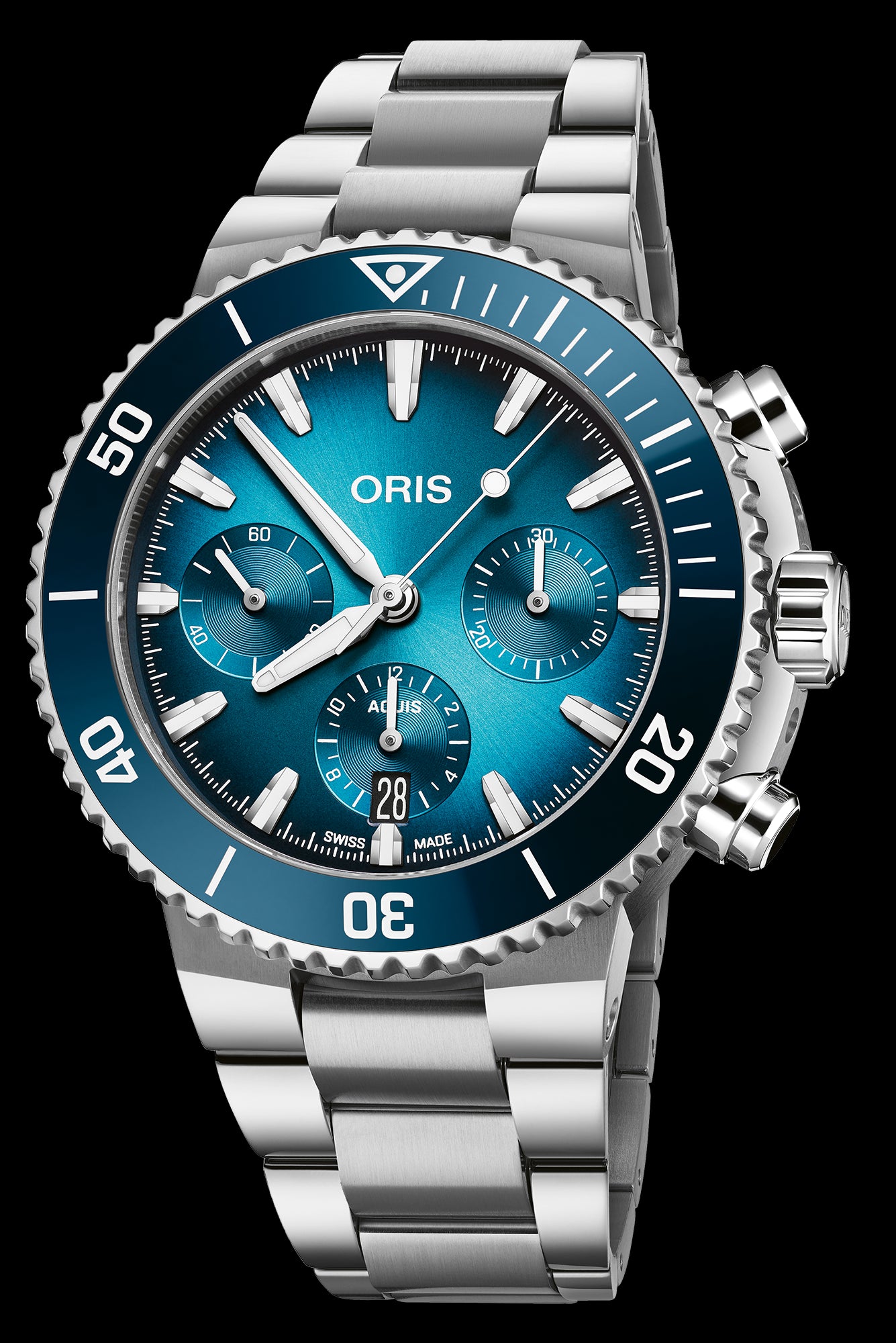 Aquis Chronograph, 43.50 mm, Blue, Stainless steel Strap, Stainless steel screw-in security crown and pushers, Multi-piece stainless steel case, ceramic minutes scale top ring