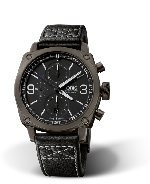 4e RHFS Limited Edition, 42.70 mm, Black, Leather Strap, Stainless steel Oris Quick Lock security crown and pushers, grey PVD plated, Multi-piece stainless steel case, grey PVD plated