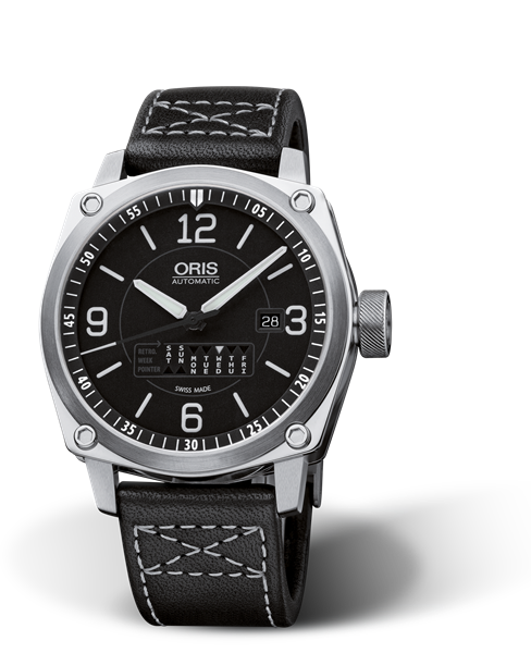 BC4 Retrograde Day, 42.70 mm, Black, Leather Strap, Stainless steel Oris Quick Lock security crown, Multi-piece stainless steel case