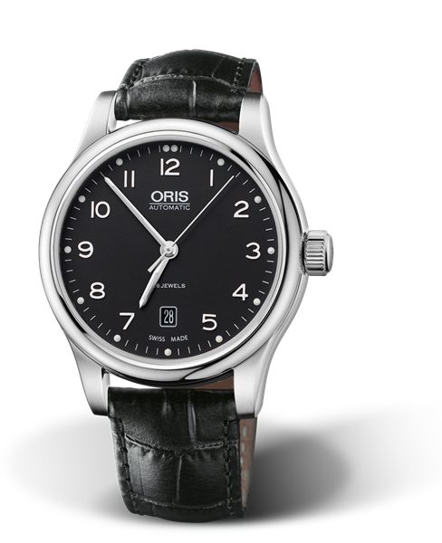 Classic Date, 42mm, Black, Leather Strap, Stainless steel crown, Multi-piece stainless steel case