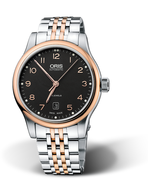 Classic Date, 42mm, Black, Stainless steel Strap, Stainless steel crown, Multi-piece stainless steel case, rose gold PVD plated top ring